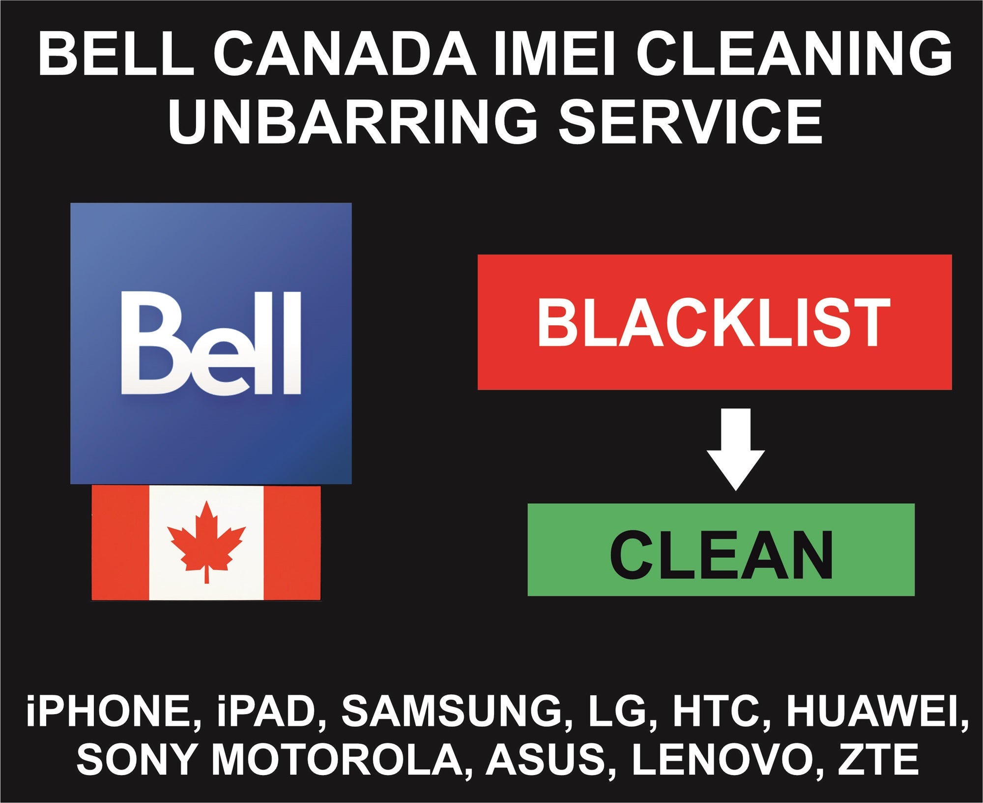 Bell Canada IMEI Cleaning Unbarring Service, For iPhone, Samsung, Pixel, Moto